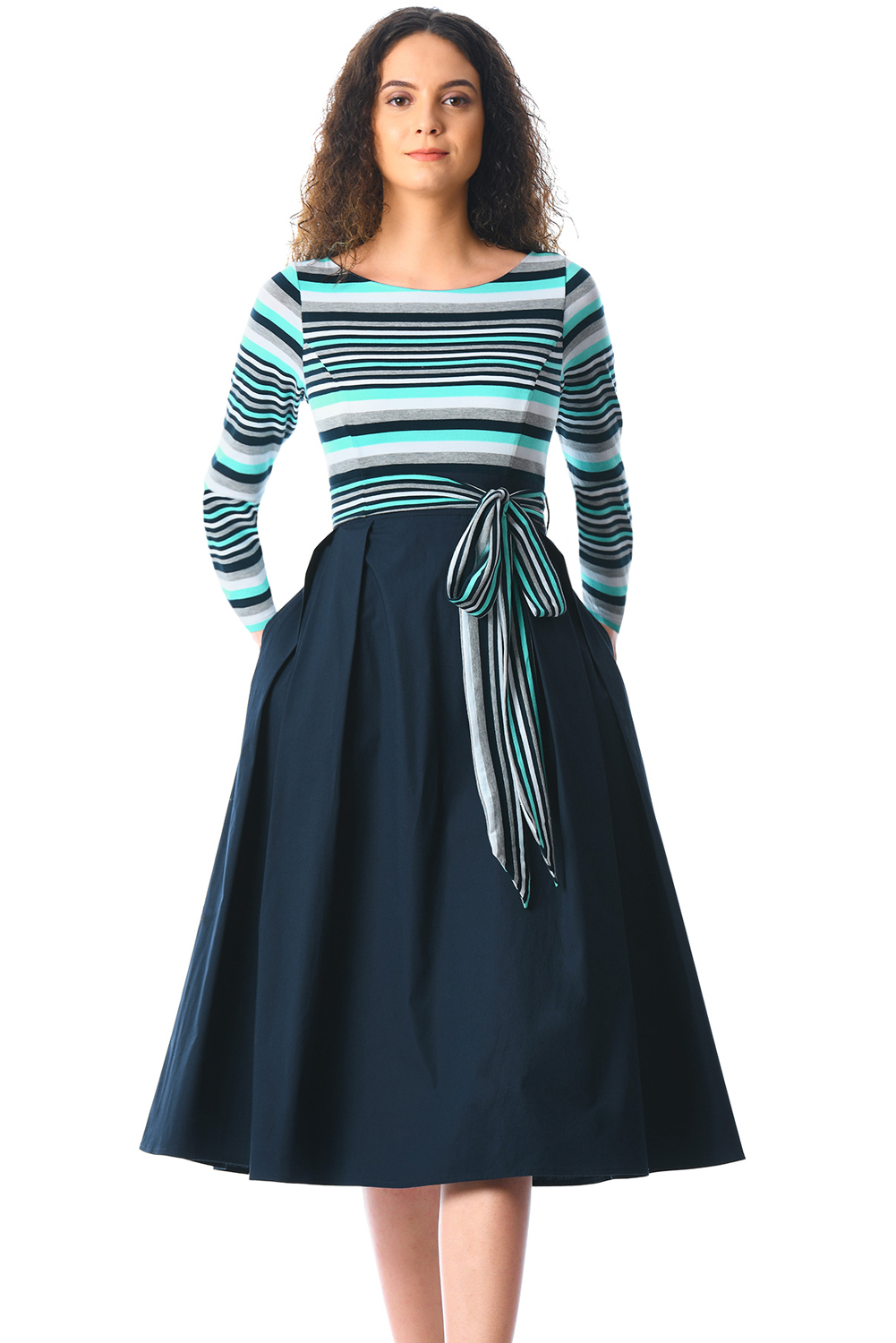 BY610400-4 Navy  Striped Poplin Sash Tie Midi Dress